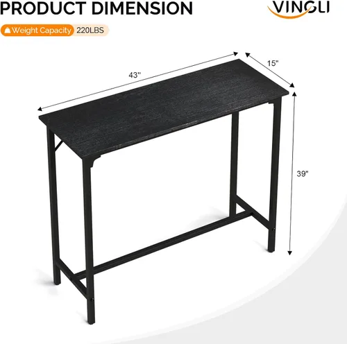 Vista 3 de VINGLI Mesa de bar de 43 pulgadas de alto, rectangular de madera, angosta, larga, altura de mostrador, para cocina, sala de estar, comedor, sofá