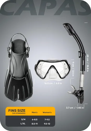 Vista 6 de CAPAS Snorkel Mask Fins Set, Travel Size Snorkeling Gear for Adults with Adjustable Fins, Diving Mask and Dry Top Snorkel, Come with a Carrying Bag