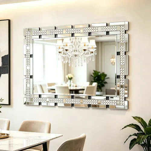 Vista 4 de Chende - Espejo de pared decorativo de 36 x 24 pulgadas con marco incrustado de cristal real, espejo de tocador HD sin plomo para sala de estar