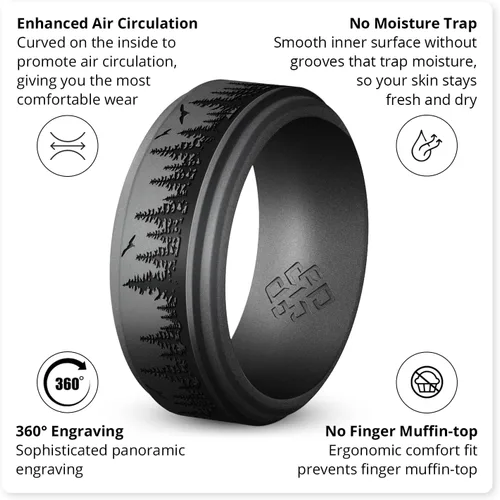 Vista 17 de Knot Theory Anillo de silicona para hombre, grabado de montaña, ondas, bosque, ancho de banda de 0.315 pulgadas, transpirable, ajuste cómodo