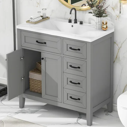 Vista 13 de Combinación de tocador de baño de 30 pulgadas con lavabo, armario de baño multifuncional con puertas y cajón, marco sólido y tablero de MDF