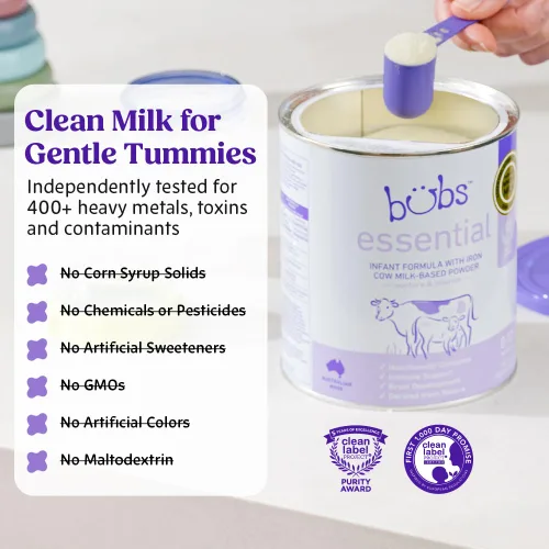 Vista 4 de Bubs Essential - Fórmula infantil con hierro, polvo a base de leche de vaca, para bebés de 0 a 12 meses, hecha con leche sin OMG, 20 onzas