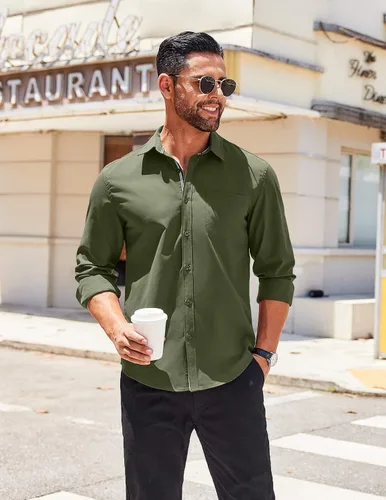 Vista 2 de COOFANDY Camisa para hombre de manga larga casual con botones, camisas sin doblar para hombre de ajuste regular