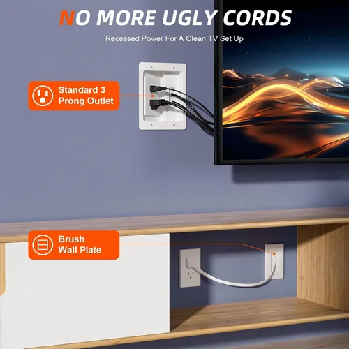 Vista 4 de Kit de organización de cables de pared, kit de pared para ocultar cables de TV con placa de pared de cepillo y cable de 9.8 pies, 2 salidas de CA