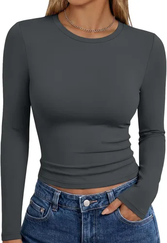 Vista 22 de Trendy Queen Camisetas de manga larga para mujer, camisetas básicas de Verde militar