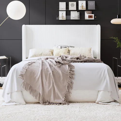 Vista 21 de SHA CERLIN - Base de cama tamaño Full tapizada en pana con plataforma y cabecera acolchada con diseño acanalado vertical estilo wingback, 8