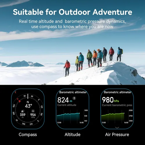 Vista 3 de Reloj inteligente para hombre, GPS, 2.06 pulgadas, HD, AMOLED, militar, multideporte, rastreador de fitness con llamada Bluetooth, brújula Negro
