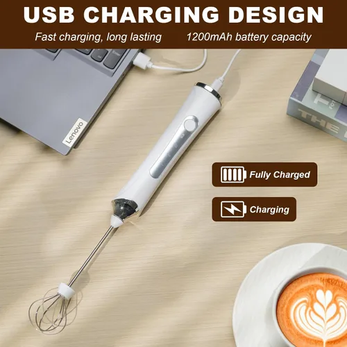 Vista 5 de Espumador de leche manual eléctrico con 2 cabezas, batidor de café con espuma USB recargable de 3 velocidades, licuadora de espuma para café