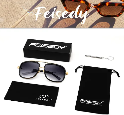 Vista 7 de FEISEDY Gafas de sol cuadradas retro para mujeres y hombres, gafas de sol clásicas de moda Polit de los años 70, marco grande, persianas de metal