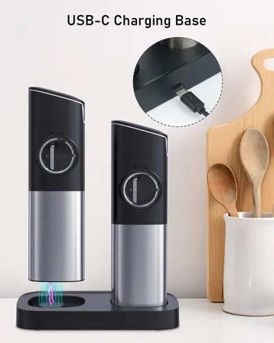 Vista 5 de SENZER Gravity - Molinillo eléctrico de sal y pimienta, molinillo de pimienta automático recargable con base de carga de luz LED para cocina