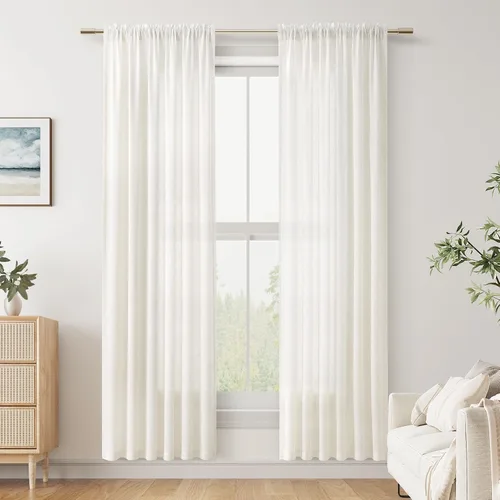 Vista 32 de Cortinas de lino verde aguamarina de 84 pulgadas de largo, juego de 2 paneles semitransparentes con bolsillo para barra para comedor, decoración