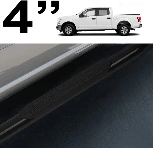 Vista 2 de Estribos de riel Nerf de 4 pulgadas con extremo doblado ovalado, color negro, compatible con Ford F150 SuperCrew 15-22 / 17-22 F250 F350 F450 F550