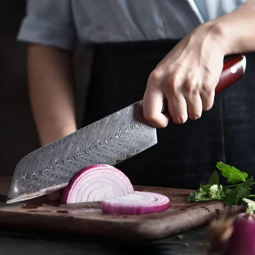 Vista 7 de YARENH Santoku - Cuchillo de chef de acero Damasco de 7 pulgadas, 67 capas, afilado de larga duración, resistente al óxido, cuchillo de cocina