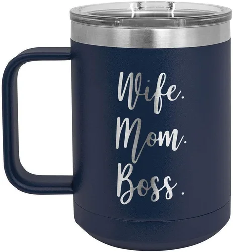 Vista 12 de WIFE MOM BOSS Black 15 oz Coffee Cup w/Slide Top Lid Insulated Travel Coffee Mug Birthday Or Christmas Gift Ideas From Women or Men Compare To