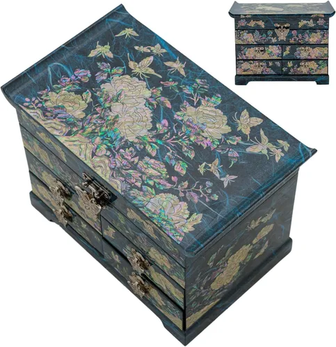 Vista 13 de Caja de Joyería February Mountain con Incrustación de Nácar - Diseño Tradicional de Flores y Mariposas Elegante para Ella