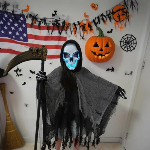 Vista 3 de 2025 Grim Reaper Costume,Scary Halloween Costumes for Kids With LED Mask,Hooded Cloak,Scythe,Gloves Included