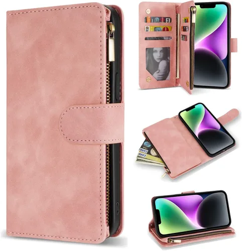 Vista 26 de ZZXX Funda tipo cartera para iPhone 14 Plus con [Bloqueo RFID] Ranura para tarjetas Cuero PU suave premium con cremallera tipo folio plegable