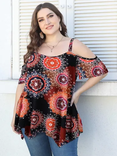 Vista 5 de LARACE Blusas de Hombros Descubiertos para Mujeres Ropa de Verano Tirantes Espagueti Túnica Camisas Holgadas Asimétricas Talla Grande Blusa