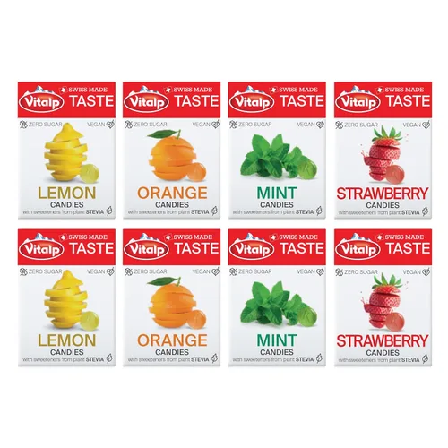 Vista 14 de Vitalp Sabor, Hecho en Suiza, Caramelo Sin Azúcar con Stevia, Vegano, Sabor a Cereza, Paquetes de 25g/0.88 Onzas, 16 Cajas