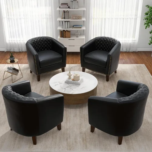 Vista 10 de Pia Ricco Silla de Acento Tipo Barril de Cuero Sintético, Silla de Club Moderna con Brazos, Cómoda Silla Individual Tapizada con Patas de Madera