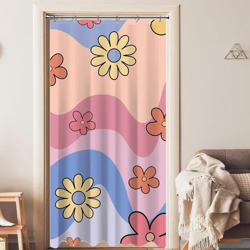 Vista 23 de Cortina de ducha pequeña para casa rodante, tamaño medio, estilo retro de los 70, con flores bonitas, estética abstracta de margaritas, decorativa