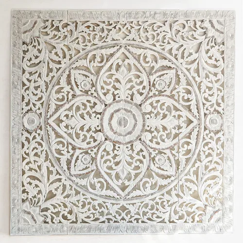 Vista 2 de Cabecera de mandala bohemia blanca tamaño King, muebles de dormitorio hechos a mano de teca montados en la pared, tallado en madera recuperada