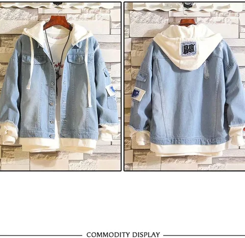 Vista 2 de KPOP Chaqueta de mezclilla Rapper con estampado de amor de moda deportiva con capucha
