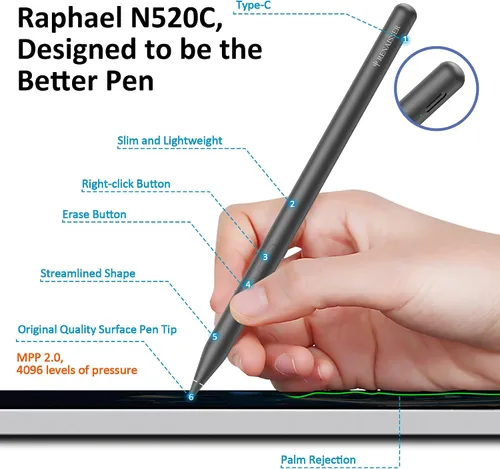 Vista 2 de Bolígrafo RENAISSER Raphael N520C, diseñado en Houston, fabricado en Taiwán MPP 2.0 Stylus pen for Surface Pro/Go/Book/Studio, 4096 Pressure, Tilt