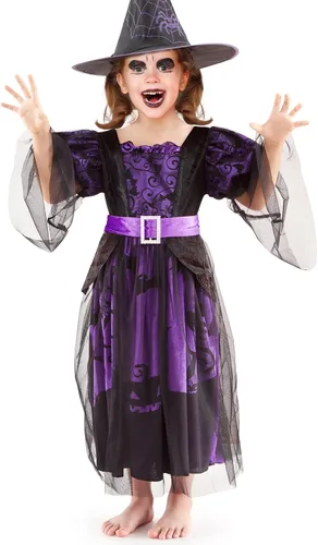 Vista 2 de XIFEINIU Disfraz de bruja de Halloween, conjunto de lujo, vestido morado para niñas