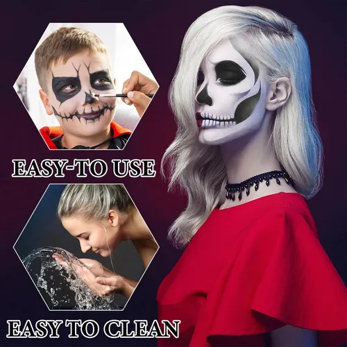 Vista 5 de Pintura corporal blanca y negra, paleta de maquillaje SFX con pinceles, paleta de pintura de crema a base de aceite, kit de maquillaje de Halloween