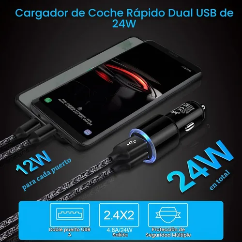 Vista 3 de Cargador de coche USB, 2 unidades de 4.8 A de carga rápida de doble puerto USB para iPhone 15 14 13 12 11 Pro Max SE XR X 8 7 6, iPad, Samsung