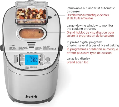 Vista 2 de Starfrit Máquina eléctrica para hacer pan, mocasines de 2 libras, sartén extraíble antiadherente, dispensador automático de tuercas, 13 programas