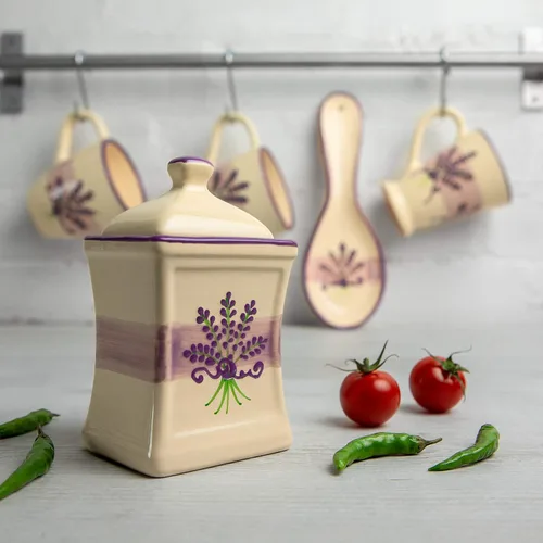 Vista 6 de City to Cottage® Patrón lavanda morado y crema Hecho a mano Cocina pequeña de cerámica de 5.3 onzas / 5.1 fl oz Especias de hierbas Juego