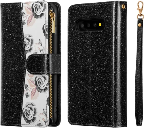 Vista 7 de UEEBAI Funda tipo cartera para Samsung Galaxy S10 Plus, Cartera de piel sintética con cierre magnético, funda de bolsillo con cremallera, ranuras