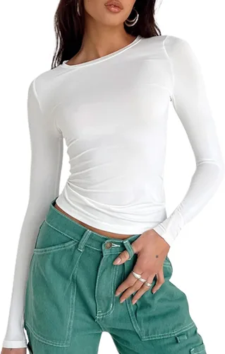Vista 23 de Blusa corta básica casual para mujer, ajustada, manga larga, cuello redondo, color sólido, para otoño, camiseta ajustada Albaricoque