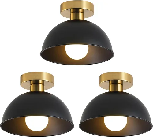 Vista 10 de Lámpara de techo industrial semiempotrada con placa dorada y pantalla azul, lámpara de techo de granja para cocina, isla, comedor, vestíbulo