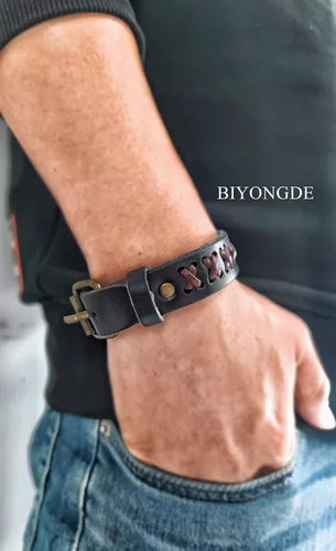 Vista 3 de Pulsera de cuero para hombre entrelazada con cuero negro, cierre de hebilla, estilo fresco