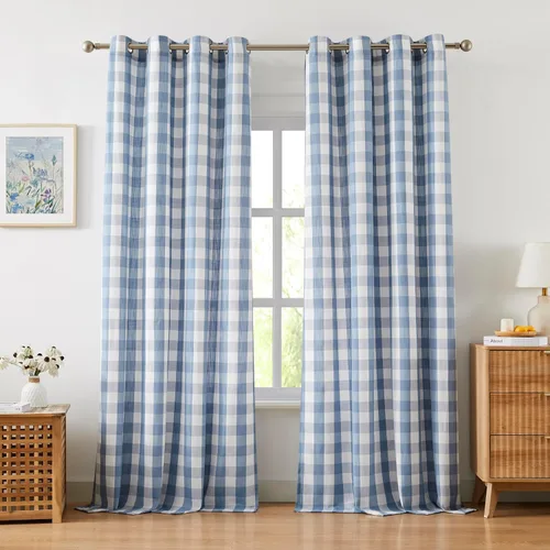 Vista 37 de Amzdecor Cortinas a cuadros con ojales de búfalo de 54 pulgadas de largo, cortinas texturizadas semitransparentes para sala de estar, dormitorio