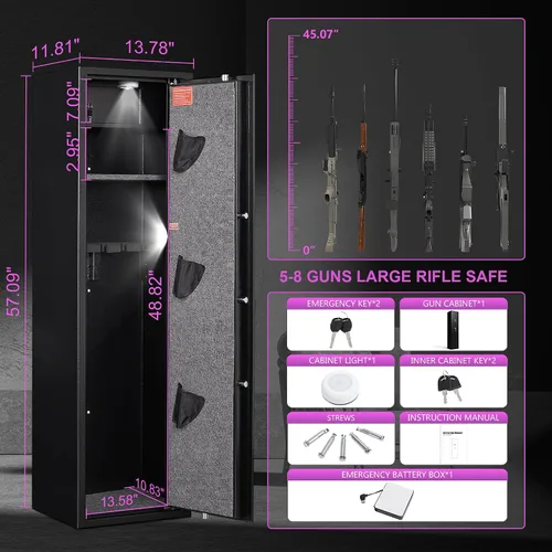 Vista 2 de Marcree Caja fuerte biométrica para armas 5-8, gabinetes de armas para rifles y escopetas, caja fuerte para rifle con gabinete interior, cajas