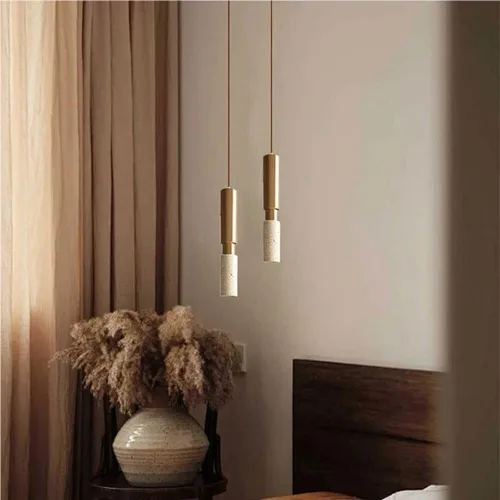 Vista 2 de Industrial Gold Iron Hanging Lamp Simple Long Tube Pendant Lights Japanese Wabi-Sabi 3000K Warm Light Yellow Travertine Chandelier for Living Room