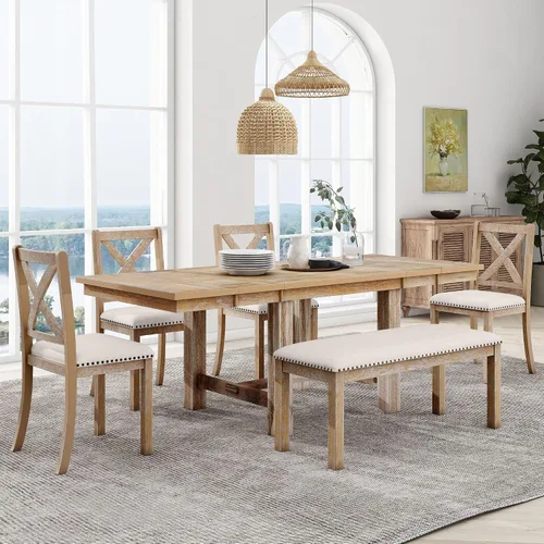 Vista 15 de Juego de mesa de comedor rústica de 6 piezas con mesa rectangular de caballete y 4 sillas tapizadas y banco, juego de mesa de comedor de cocina