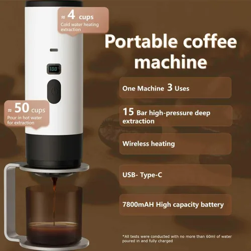 Vista 3 de Cafetera portátil, cafetera recargable USB-C de 15 bar, mini cafetera eléctrica para camping, viajes, coche y oficina (blanco)