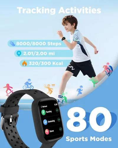 Vista 3 de Reloj inteligente BIGGERFIVE para niños, rastreador de actividad física de 1.8", podómetro, frecuencia cardíaca, monitor de sueño, IP68 resistente