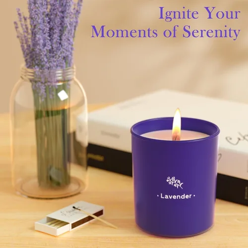 Vista 4 de Velas aromáticas de lavanda para el hogar, velas perfumadas de 8 onzas, cera en tarro morado, hechas con soja para mujeres, 45 horas de combustión