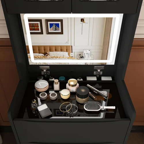 Vista 9 de Runboll Pequeño escritorio de maquillaje con escritorio de vidrio visible, tocador negro 3 en 1 con tapa abatible con espejo iluminado ajustable