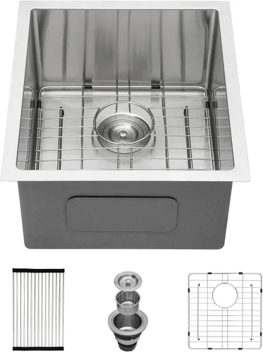Vista 17 de Lordear - Fregadero de barra bajo montaje de 10" x 18" de acero inoxidable, fregadero de calibre 16, fregadero pequeño de barra húmeda, fregadero