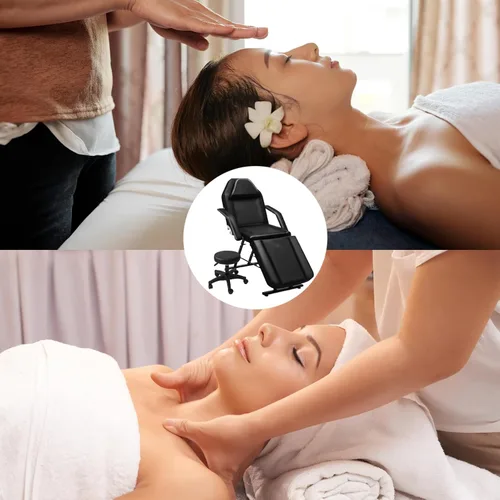 Vista 6 de Roixeeds Silla de tatuaje de 3 secciones, cama de masaje profesional ajustable, silla de cama de tatuaje con taburete de spa y gancho para toalla