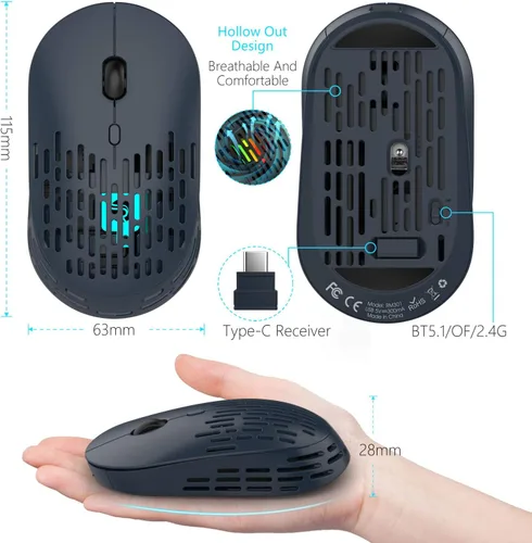 Vista 5 de RAPIQUE Ratón inalámbrico Bluetooth, mouse Bluetooth silencioso recargable de modo dual con receptor tipo C 2.4G para laptop, iMac, Chromebook, Azul