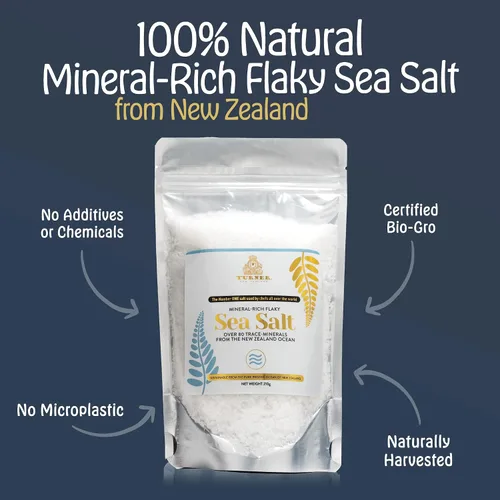 Vista 2 de TURNER Sal marina escamosa rica en minerales, fabricada en Nueva Zelanda, copos Kosher, 14.82 oz, gourmet premium, sin procesar, 84 minerales