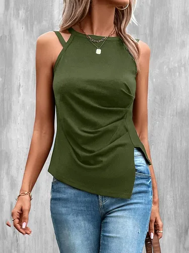 Vista 5 de WDIRARA Top halter sin mangas con dobladillo asimétrico y fruncido para mujer